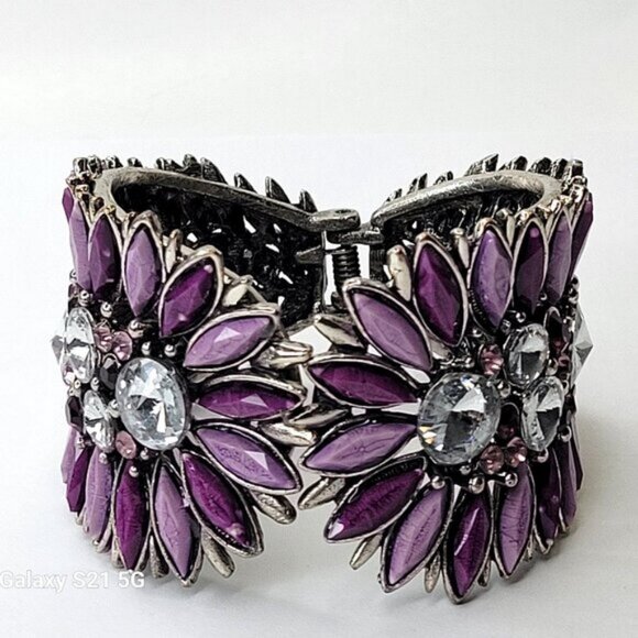 Bold Purple Cuff Bracelet Floral Motif Purple Bangle - Picture 2 of 14